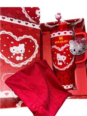Hello Kitty Stanley Cup Red Valentine Bundle ❤️ Rhinestone Charm Tumbler